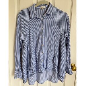 Umgee USA‎ Blue White Striped Ruffle High Low Button Down Shirt Small